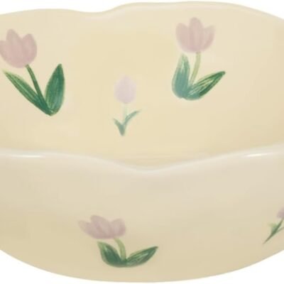 Salad Bowls, Cute Purple Tulip Flower Ceramic Bowls, Cream Yellow Serving Bowl for Pasta, Cereal, Fruit, Soup, Rice, Dishwasher and Microwave Safe (Purple Tulip Set of 1)