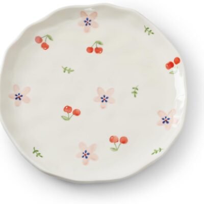 Floral Ceramic Dinner Plates, 8" Microwave Safe Dishes for Pasta, Modern Rustic Appetizer Plate for Salad Fruits Dessert Cake (Pink Flowers)
