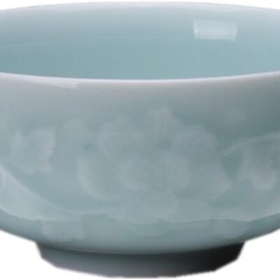 Chinese Rice Bowl 10oz Celadon Dinnerware Engraved Peony 4.5Inch Porcelain(1, Sky Blue)