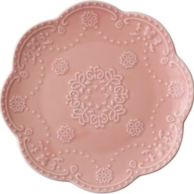Elegant Round Embossed Lace Plate, Ceramic Serving Plate for Breakfast Afternoon Tea (Pink, 6-inch)