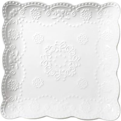 Elegant Square Embossed Lace Plate Bone China Dessert Plate Ceramic Plate for Breakfast Afternoon Tea (White, 6-inch)