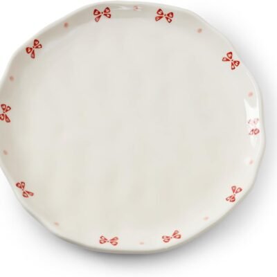 Floral Ceramic Dinner Plates, 8" Microwave Safe Dishes for Pasta, Modern Rustic Appetizer Plate for Salad Fruits Dessert Cake (Pink Bow)