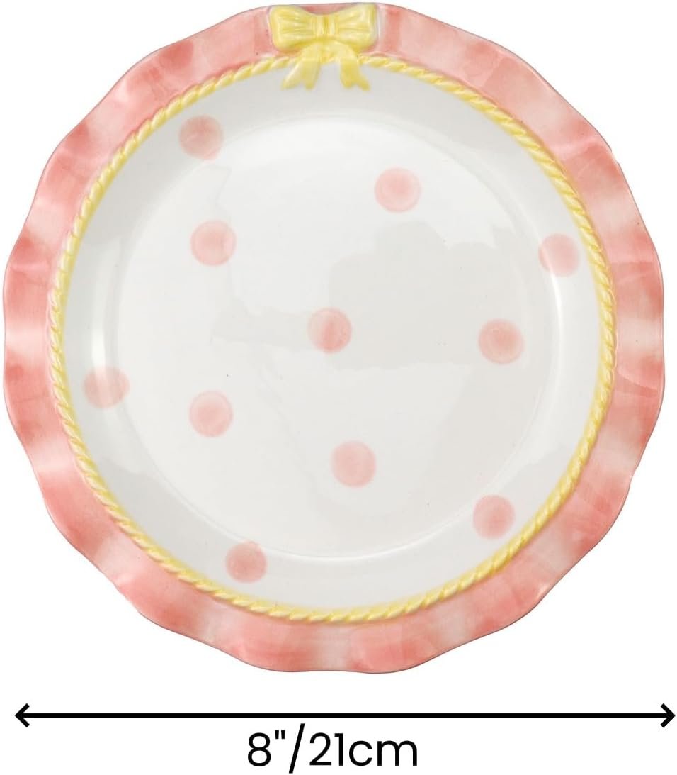 Cute Ceramic Plate Pink Dot Lovely Wavy Lace Ceramic Plate with Bow Porcelain Dessert Plate (Pink-8 Inch) - Image 2