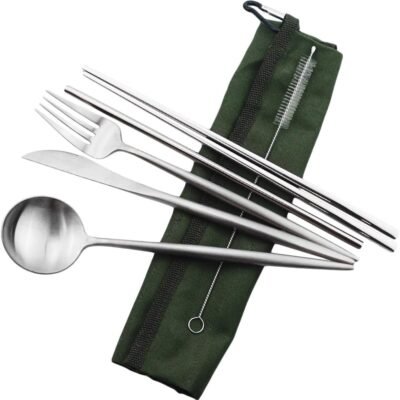 Reusable Travel Utensils, 7 Pieces Portable 18/10 Stainless Steel include Knife Fork Spoon Chopsticks Cleaning Brush Straws Portable Pouch, Eco-friendly Camping Silverware Set, Dishwasher Safe