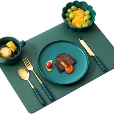 Plate Bowl Fork Knife Spoon Cup and Meal Mat Set for Microwave Safe, Made of Ceramic and Food Grade Stainless Steel Materials for Home/restaurant (1-Person Round Plates,Green)