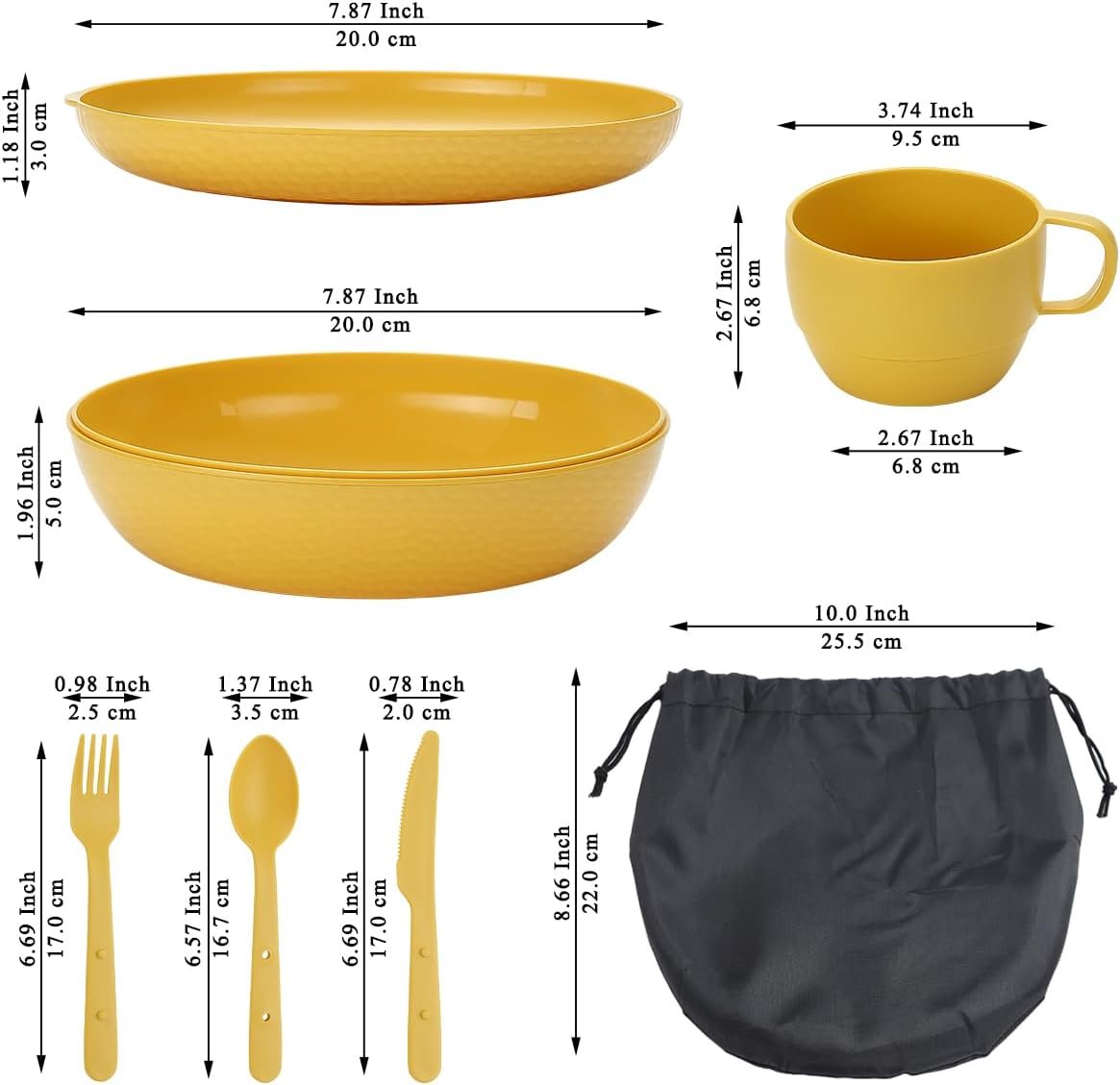 Camping Mess Kit with Bowl, Plate, Cup, Spoon, Fork, Knife and Carry Bag, Save Space, Easy to Carry, Plastic Camping Essentials Utensils for Travel, Picnic, Outdoor (Gold Yellow) - Image 2