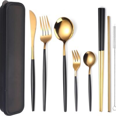 8 Pieces Stainless Steel Flatware Set Portable Reusable Cutlery Set Travel Utensils Set Including Chopsticks Knife Fork Spoon Straws Cleaning Brush Dishwasher Safe (Black Golden)