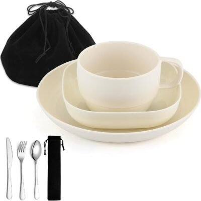 Camping Utensils Set,  Camping Plates and Bowls Set with Coffee Mug, Travel Cutlery Set Include Spoon, Fork, Knife for Home, Poolside, Outdoor, Picnic, Camp