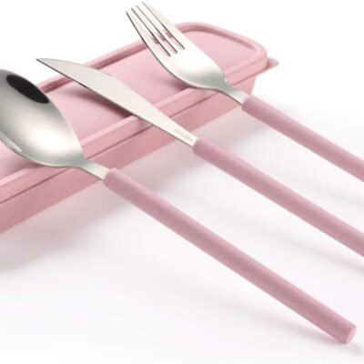 Portable Home Utensils Reusable Flatware Set with Case, Stainless Steel Metal Travel Cutlery Lunch Tableware 3 PCs Fork Spoon Knife with Colored Handle(Fork Spoon Knife 1 set, Pink)