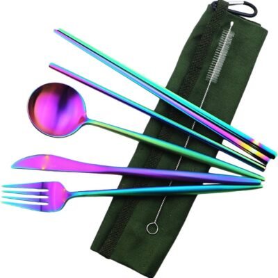 Reusable Travel Utensils, 7 Piece Portable 304 Stainless Steel including Knife Fork Spoon Chopsticks Cleaning Brush Straws Portable Pouch, Eco-friendly Camping Silverware Set, Dishwasher Safe