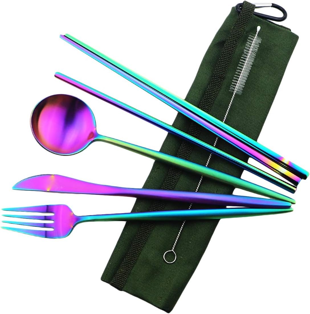 Reusable Travel Utensils, 7 Piece Portable 304 Stainless Steel including Knife Fork Spoon Chopsticks Cleaning Brush Straws Portable Pouch, Eco-friendly Camping Silverware Set, Dishwasher Safe