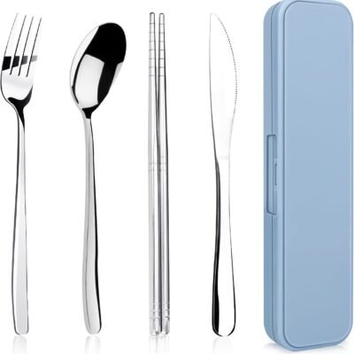 5 Piece  Portable Travel Utensils Set with Case, Premium 304 Stainless Steel Camping Utensils Set, Reusable Silverware for Camping, Lunch, Work, School, etc, Easy to Clean (Silver)