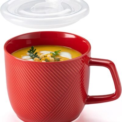 Ceramic Soup Bowl with Lid & Handle: 32 oz Microwave Safe Food Container for Ramen Noodles Cereal Leftovers - Extra Large Mugs for Breakfast Lunch Picnic Camping - Red, Set of 1