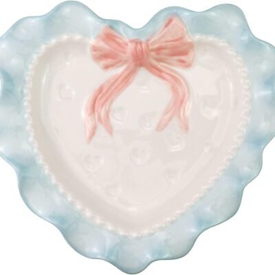 Lovely Ceramic Heart Shaped Dessert Plate Wavy Lace Plate for Kitchen Party Decoration (Blue)