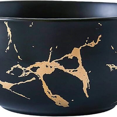 Ceramic Cereal Bowl Marble Soup Bowl 17 OZ Ceramic Rice Bowl Luxury Gold Inlay Dessert Bowl Microwave and Dishwasher Safe for Oatmeal Snack (Black)