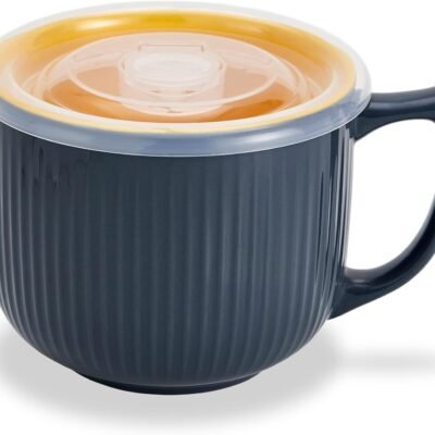 Ceramic Soup Bowl with Handle 32oz – Microwave Ramen Bowl with Lid, Soup Mugs & Cups for Cereal, Oatmeal, Ramen, Instant Noodle, Soup Container with Lid - (Gray)