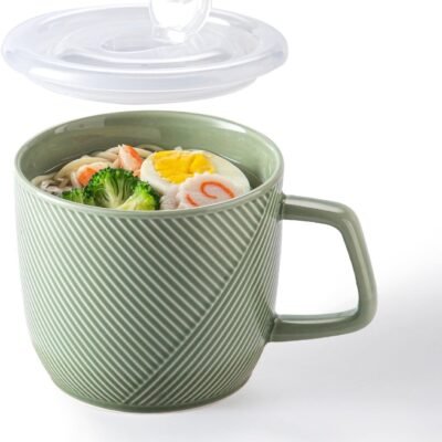 Ceramic Soup Bowl with Lid & Handle: 32 oz Microwave Safe Food Container for Ramen Noodles Cereal Leftovers - Extra Large Mugs for Breakfast Lunch Picnic Camping - Green, Set of 1