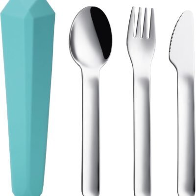 Travel Utensils with Case, Reusable Camping Silverware Cutlery, 18/8 Stainless Steel Portable Fork Spoon Knife Set for Lunch Picnic School Workplace (Teal)