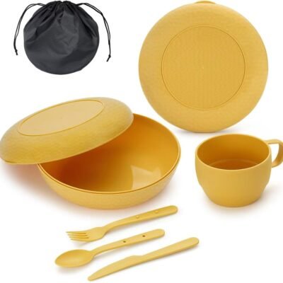 Camping Mess Kit with Bowl, Plate, Cup, Spoon, Fork, Knife and Carry Bag, Save Space, Easy to Carry, Plastic Camping Essentials Utensils for Travel, Picnic, Outdoor (Gold Yellow)
