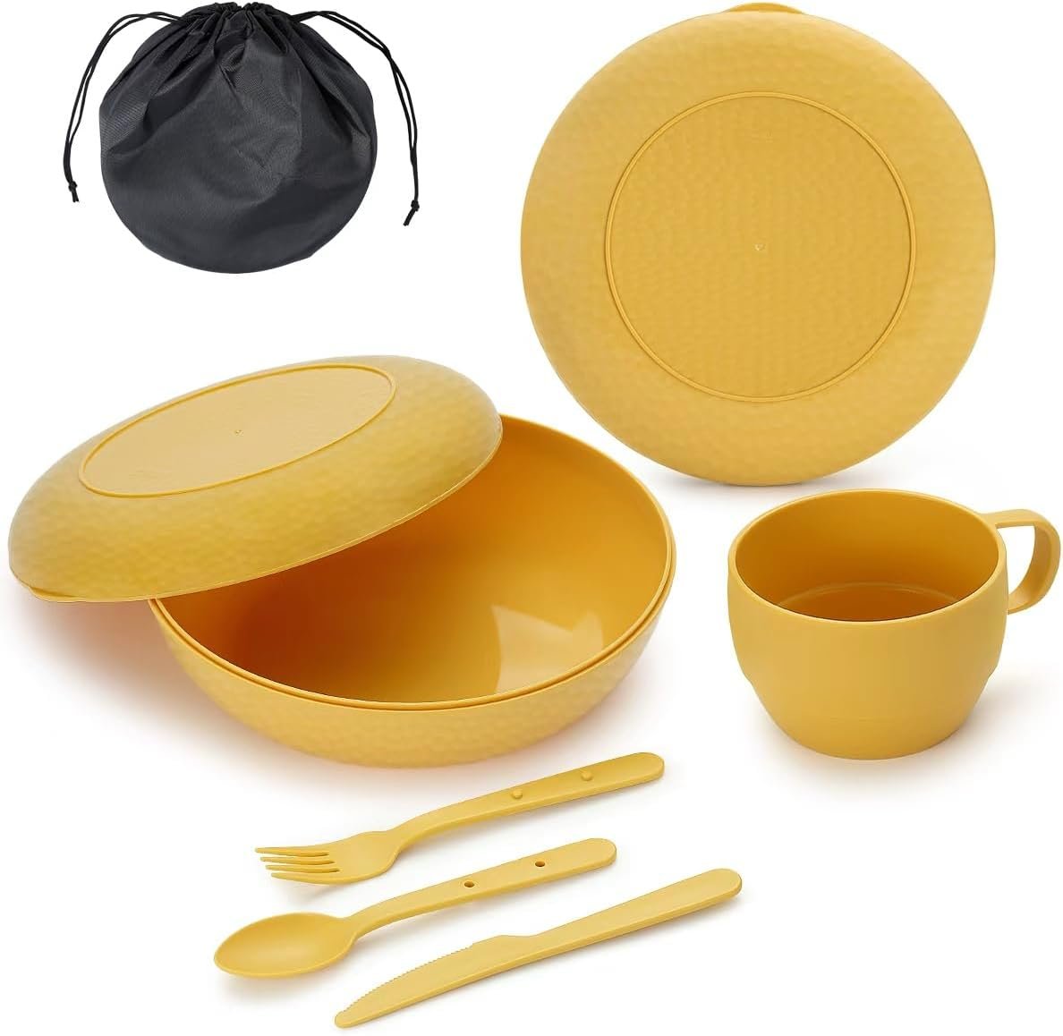 Camping Mess Kit with Bowl, Plate, Cup, Spoon, Fork, Knife and Carry Bag, Save Space, Easy to Carry, Plastic Camping Essentials Utensils for Travel, Picnic, Outdoor (Gold Yellow)