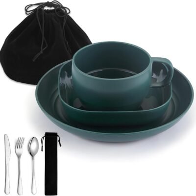 Camping Utensils Set,  Camping Plates and Bowls Set with Coffee Mug, Travel Cutlery Set Include Spoon, Fork, Knife for Home, Poolside, Outdoor, Picnic, Camp