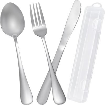 Travel Utensils with Case Stainless Steel Knife Fork Spoon Set Reusable Cutlery for Lunch Box Portable Silverware Kit（Silver）