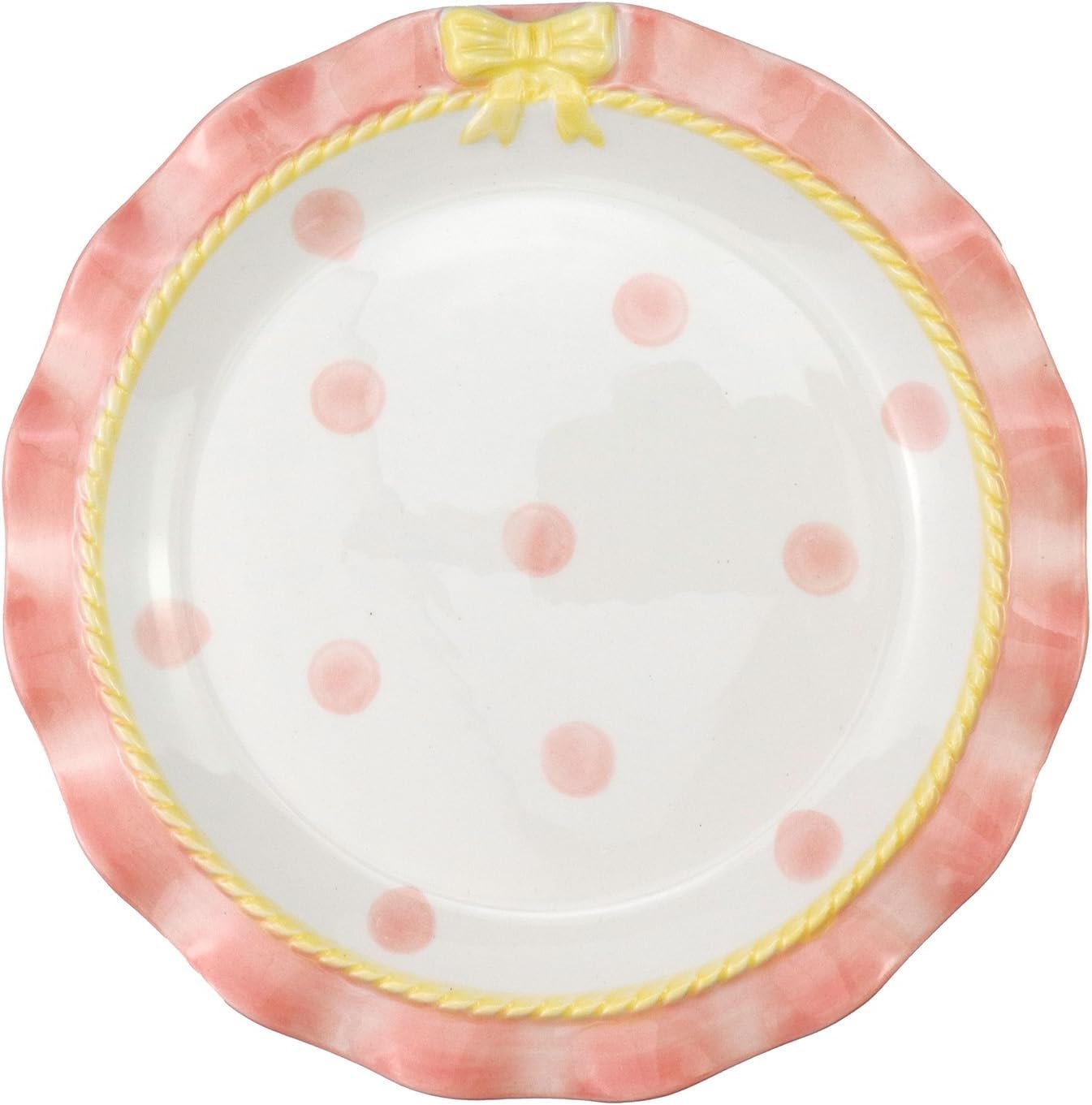 Cute Ceramic Plate Pink Dot Lovely Wavy Lace Ceramic Plate with Bow Porcelain Dessert Plate (Pink-8 Inch)