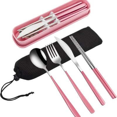 4-Piece Portable Travel Utensils Set with Case 18/8 Stainless Steel Flatware Set Reusable Cutlery Set with Fork Spoon Knife Chopstick for Lunch Travel Camping School Work Picnic (Pink)