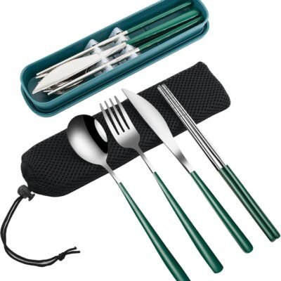 4-Piece Portable Travel Utensils Set with Case 18/8 Stainless Steel Flatware Set Reusable Cutlery Set with Fork Spoon Knife Chopstick for Lunch Travel Camping School Work Picnic (Deep Green)