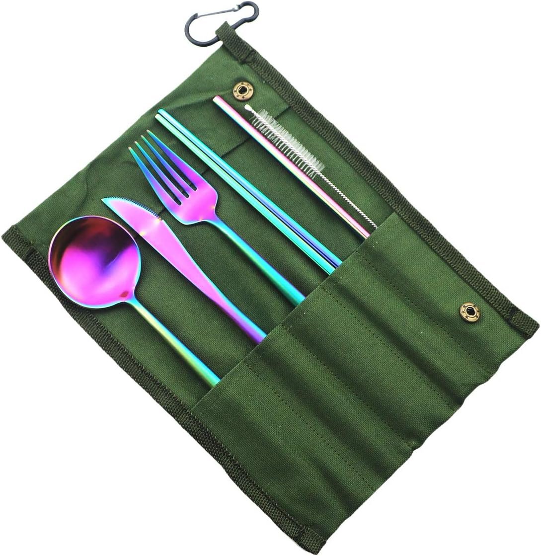 Reusable Travel Utensils, 7 Piece Portable 304 Stainless Steel including Knife Fork Spoon Chopsticks Cleaning Brush Straws Portable Pouch, Eco-friendly Camping Silverware Set, Dishwasher Safe - Image 2