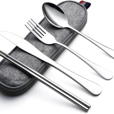 Camping Utensils, Portable Travel Utensils with Case, Stainless Steel Reusable Silverware for Lunch Adult, 5Pcs Cutlery Set Includes Knife Spoon Fork Chopsticks and Case (Silver)