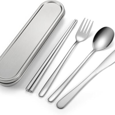 Travel cutlery set, 18/8 stainless steel cutlery, Reusable utensils set with case, Portable Silverware Lunch Box for Camping and Office (Stainless Steel)