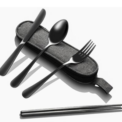 Portable Stainless Steel Flatware Set, Black 5-Piece Travel Silverware Including Knife Fork Spoon Chopsticks with Case, Reusable Silverware for Lunch, Camping, Easy to Clean, Lightweight