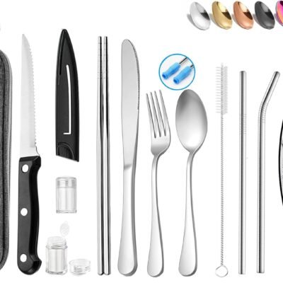 Portable Reusable Travel Utensils Silverware With Case, Camping Cutlery Set, Chopsticks and Straw, Flatware With Case, Stainless Steel Top (Silver)